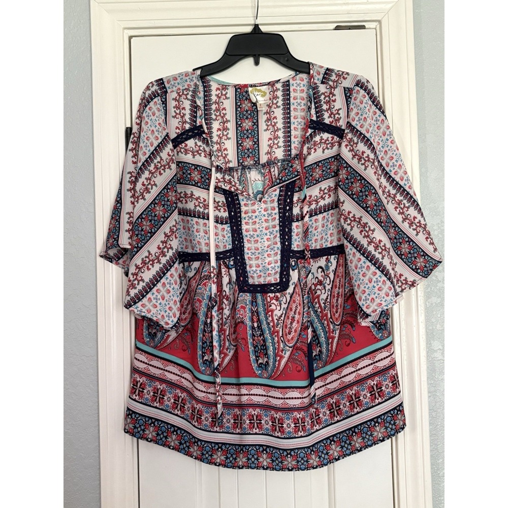 Fig and Flower Anthropologie Flutter‎ Sleeve Boho Large Floral Patchwork Blouse